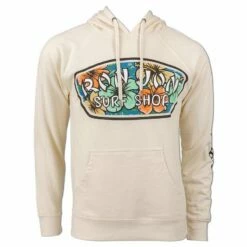 Ron Jon Unisex Hibiscus Badge Pullover Hoodie -OOfos Sale d800x800 10420845014 bone ron jon hibiscus badge hoodie front