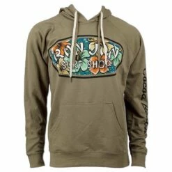 Ron Jon Unisex Hibiscus Badge Pullover Hoodie -OOfos Sale d800x800 10420845074 olive ron jon hibiscus badge hoodie front